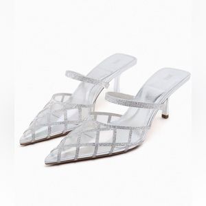 Zara Rhinestone Vinyl Silver Mules